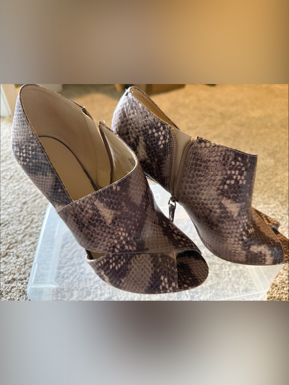Nine West Taupe Snake-Print Peep-Toe Cutout Booties